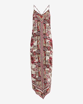 Printed V-Neck Open Tie Back Asymmetrical Maxi Dress