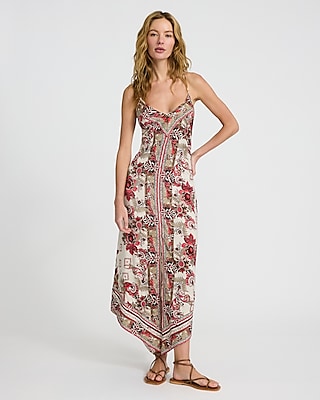 Printed V-Neck Open Tie Back Asymmetrical Maxi Dress