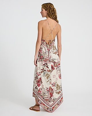 Printed V-Neck Open Tie Back Asymmetrical Maxi Dress