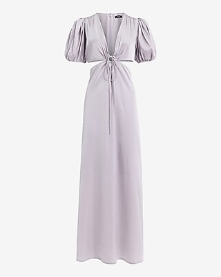Satin V-Neck Puff Sleeve Tie Front Cutout Maxi Dress