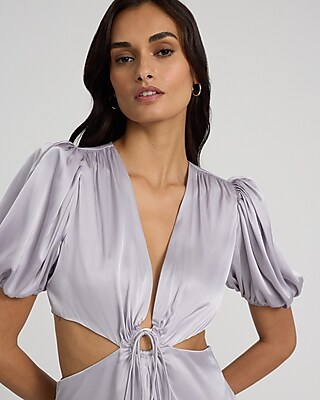 Satin V-Neck Puff Sleeve Tie Front Cutout Maxi Dress