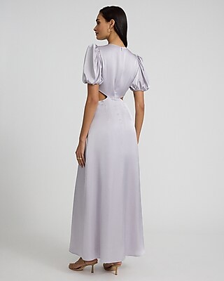 Satin V-Neck Puff Sleeve Tie Front Cutout Maxi Dress