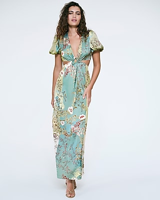 Satin Floral V-neck Puff Sleeve Tie Front Cutout Maxi Dress