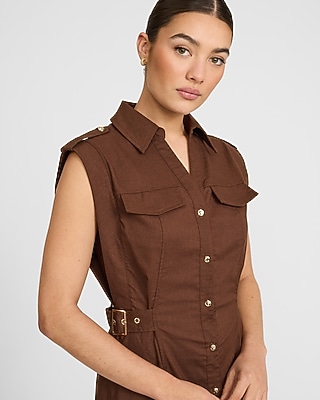 knee length dresses for ladies Rust Gauze Belted Shirt Midi Dress