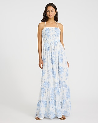 Floral Halter Smocked Back Cutout Tiered Maxi Dress