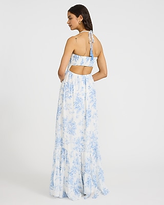 Floral Halter Smocked Back Cutout Tiered Maxi Dress