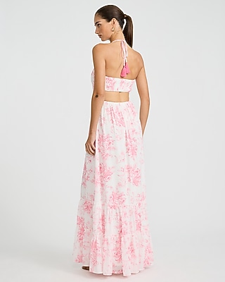 Express Women's Floral Halter Smocked Back Cutout Tiered Maxi Dress in Pink Large