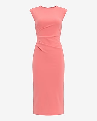 Crepe Crew Neck Cap Sleeve Ruched Midi Sheath Dress