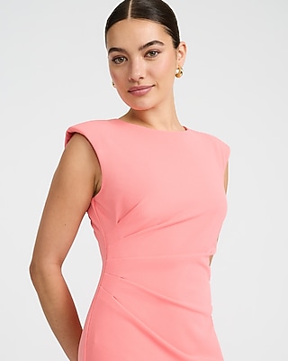 Crepe Crew Neck Cap Sleeve Ruched Midi Sheath Dress