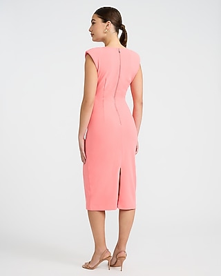 Crepe Crew Neck Cap Sleeve Ruched Midi Sheath Dress