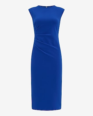 Crepe Crew Neck Cap Sleeve Ruched Midi Sheath Dress