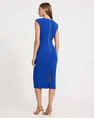 Crepe Crew Neck Cap Sleeve Ruched Midi Sheath Dress