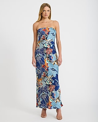 Satin Floral Strapless Tie Back Maxi Tube Dress