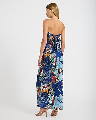 Satin Floral Strapless Tie Back Maxi Tube Dress