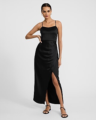 Satin Sweetheart Sleeveless Wrap Ruched Side Maxi Dress