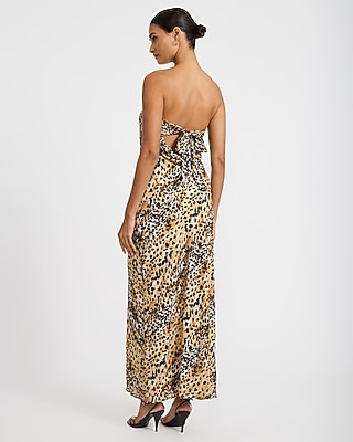 Satin Leopard Strapless Tie Back Maxi Tube Dress