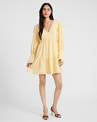 Linen-blend V-neck Long Sleeve Tiered Mini Dress