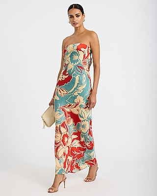 Satin Printed Strapless Tie Back Maxi Tube Dress