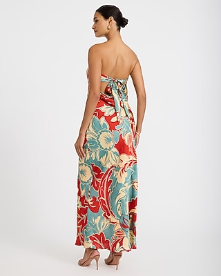 Satin Printed Strapless Tie Back Maxi Tube Dress