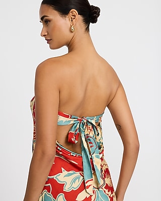 Satin Printed Strapless Tie Back Maxi Tube Dress