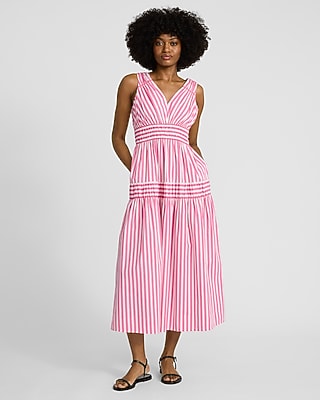 Striped V-Neck Sleeveless Tie Back Tiered Maxi Dress