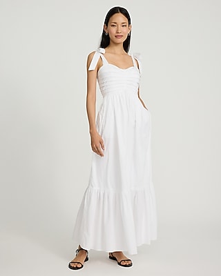 Pleated Sweetheart Tie Shoulder Tiered Maxi Dress