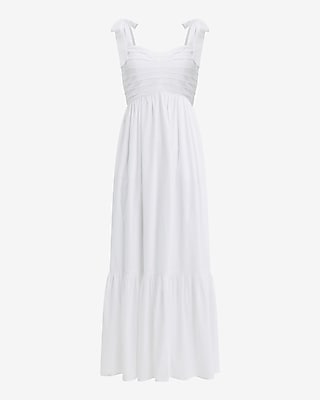 Pleated Sweetheart Tie Shoulder Tiered Maxi Dress
