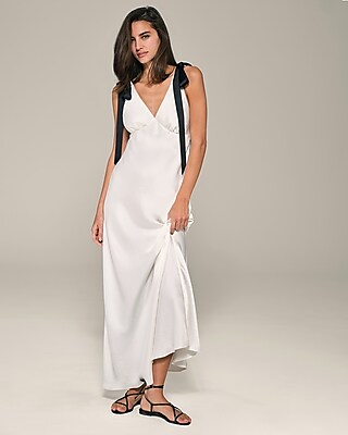 Satin V-Neck Sleeveless Tie Shoulder Maxi Slip Dress