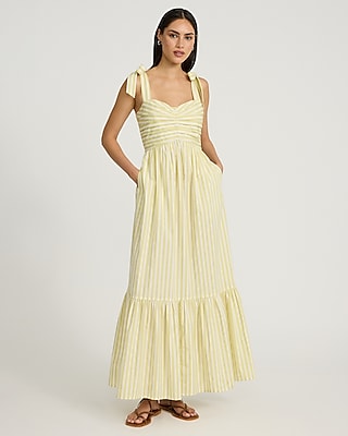 Striped Pleated Sweetheart Tie Shoulder Tiered Maxi Dress
