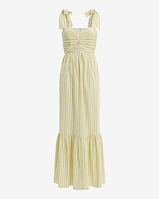 Striped Pleated Sweetheart Tie Shoulder Tiered Maxi Dress