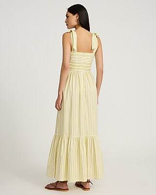 Striped Pleated Sweetheart Tie Shoulder Tiered Maxi Dress