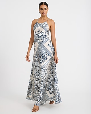 Satin Printed Scoop Neck Belted Maxi Dress