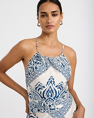 Satin Printed Scoop Neck Belted Maxi Dress