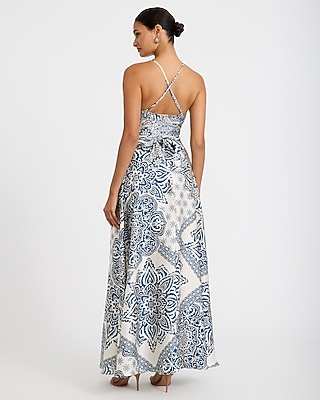 Satin Printed Scoop Neck Belted Maxi Dress