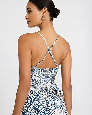 Satin Printed Scoop Neck Belted Maxi Dress