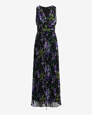 Floral Pleated V-Neck Sleeveless Cutout Maxi Dress