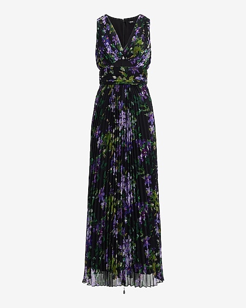 sachin and babi light blue dress Floral Pleated V-neck Sleeveless Cutout Maxi Dress