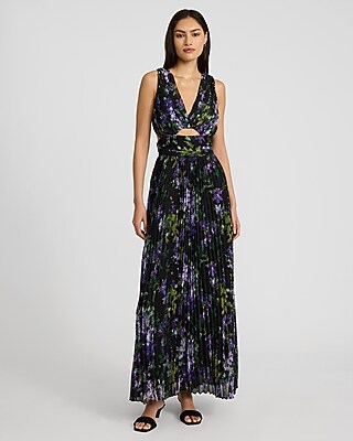 Floral Pleated V-Neck Sleeveless Cutout Maxi Dress