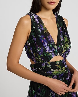 Floral Pleated V-Neck Sleeveless Cutout Maxi Dress