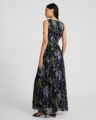 Floral Pleated V-Neck Sleeveless Cutout Maxi Dress