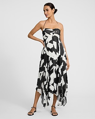 Printed Pleated Tie Halter Sweetheart Asymmetrical Midi Dress