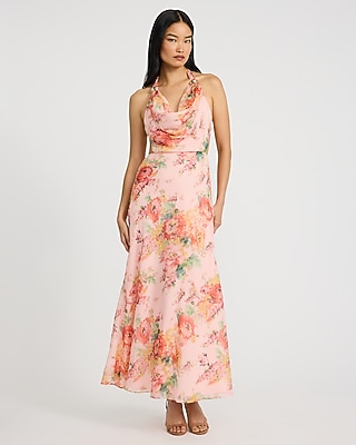 express floral cut out maxi dress Satin Floral V-neck Puff Sleeve Tie Front Cutout Maxi Dress