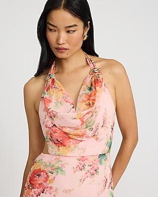 chiffon halter maxi dress express Floral Chiffon Halter Cowl Neck Hardware Maxi Dress