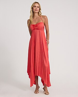Satin Pleated Tie Halter Sweetheart Asymmetrical Midi Dress