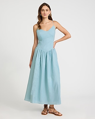V-neck Linen-blend Drop Waist Midi Dress