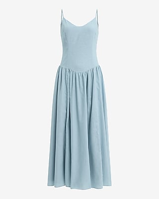 Linen-Blend V-Neck Drop Waist Midi Dress