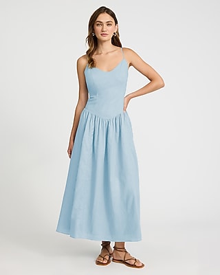 Linen-Blend V-Neck Drop Waist Midi Dress