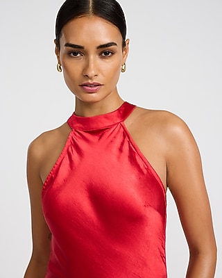 Satin Halter Neck Midi Sheath Dress