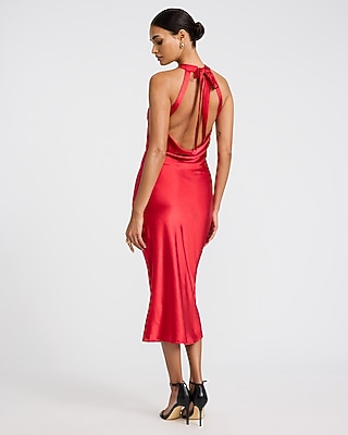 Satin Halter Neck Midi Sheath Dress
