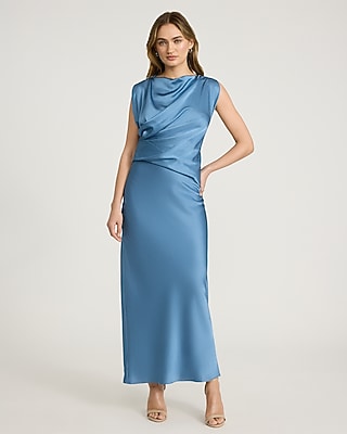 Satin Asymmetrical Draped Maxi Sheath Dress - image 4